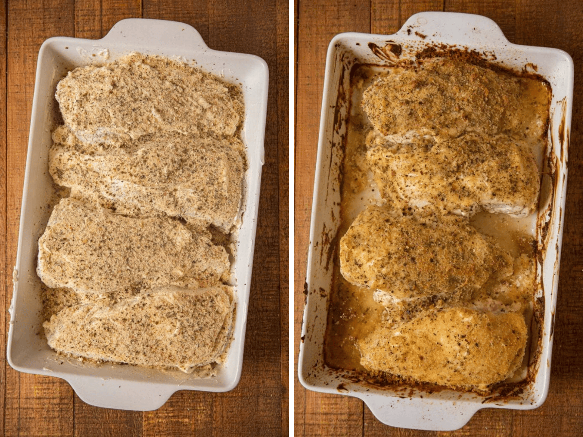 collage of chicken before and after baking