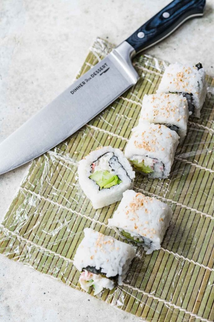 California Rolls cut on rolling mat