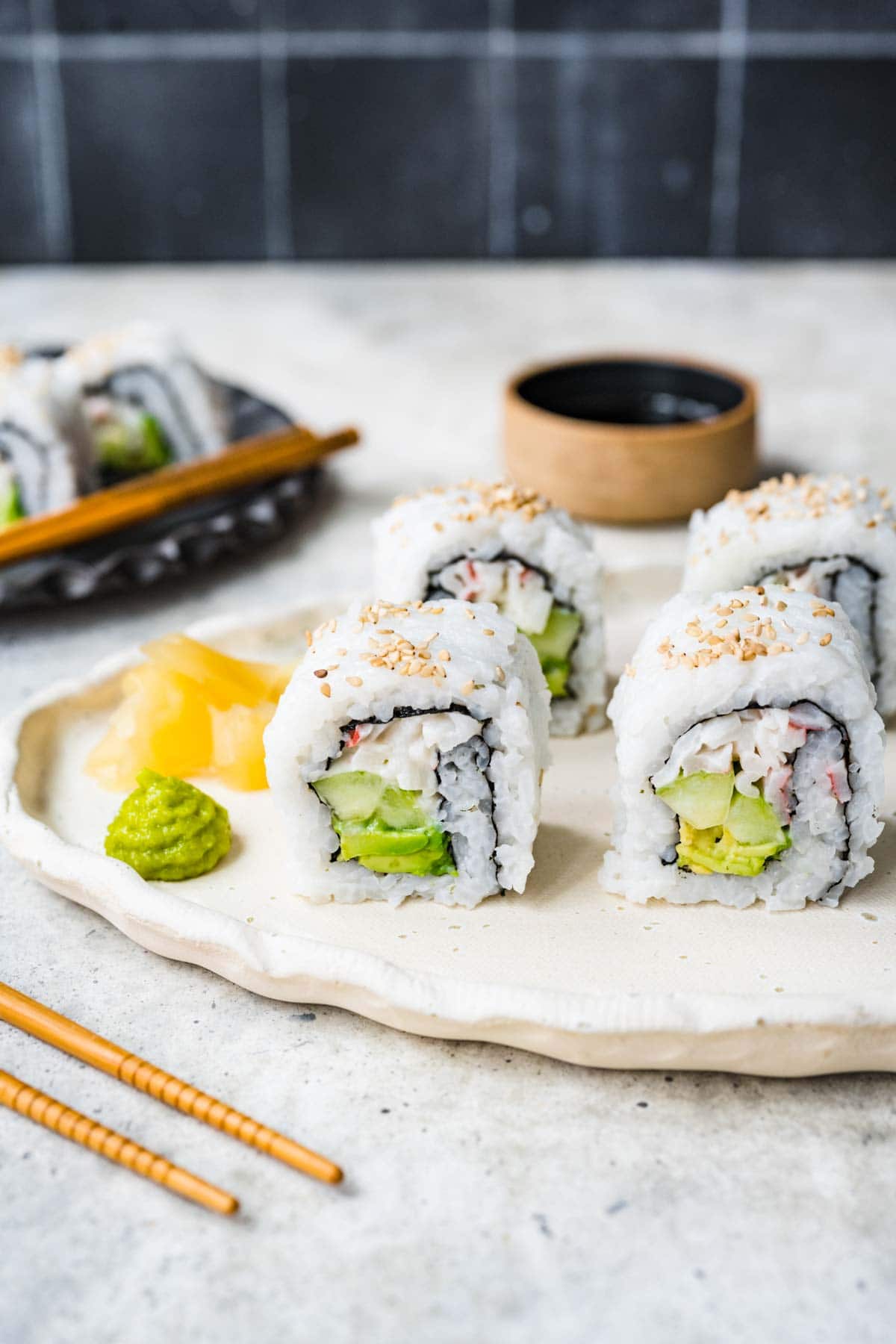 California Rolls sliced on plate