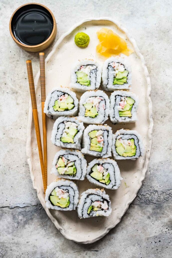 California Rolls sliced on plate