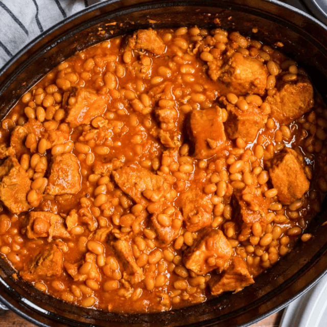 Pork and beans in pot
