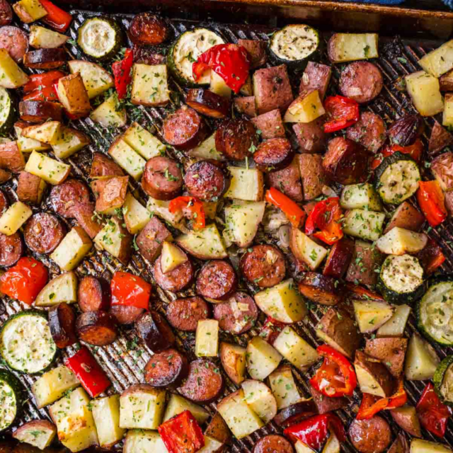 sausage and veggies on a sheet try