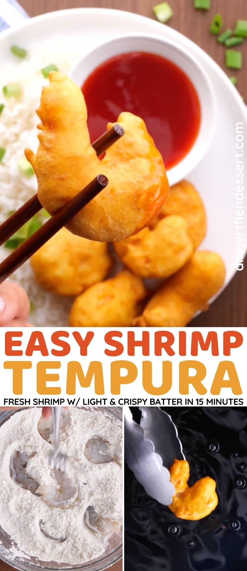 Shrimp Tempura is the perfect Japanese appetizer made with a light batter made and fried super crisp in just 15 minutes. Collage of preparing shrimp and cooked shrimp on chopsticks