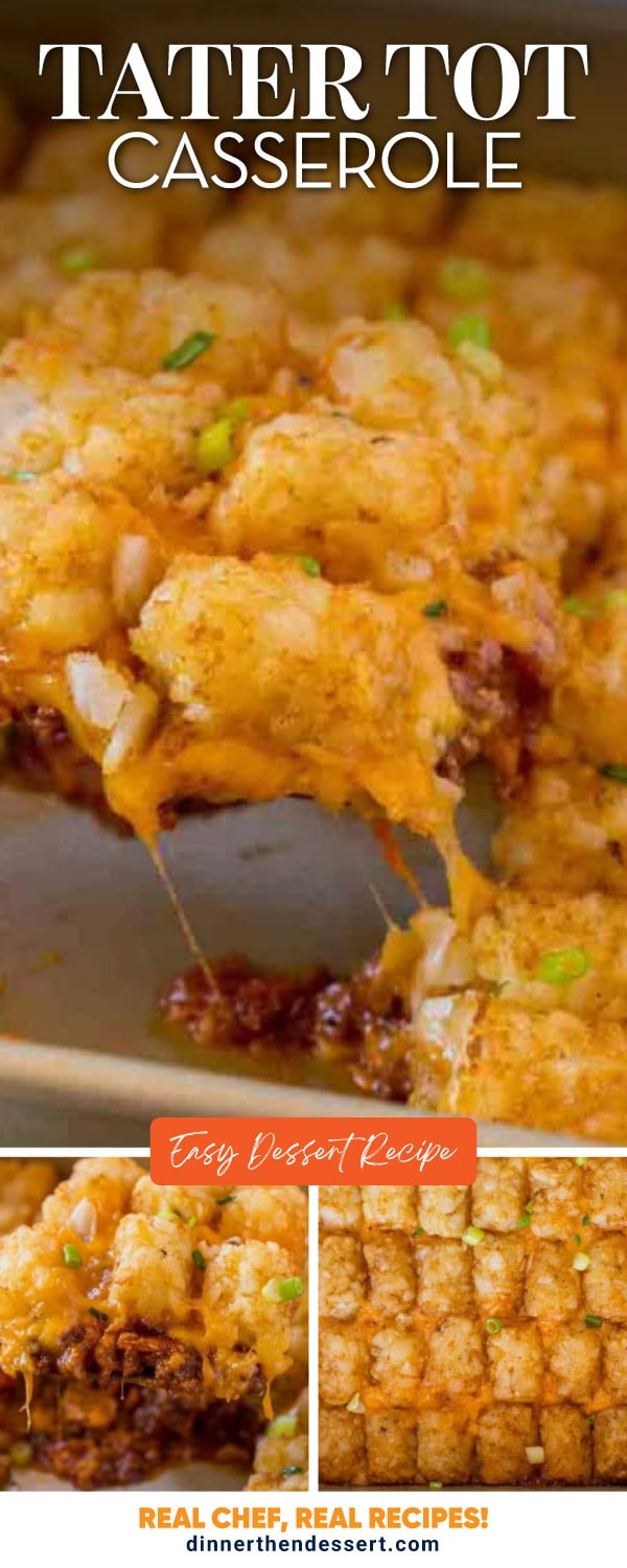 Tater Tot Casserole with Beef and Cheese in pan being lifted with spatula pin image