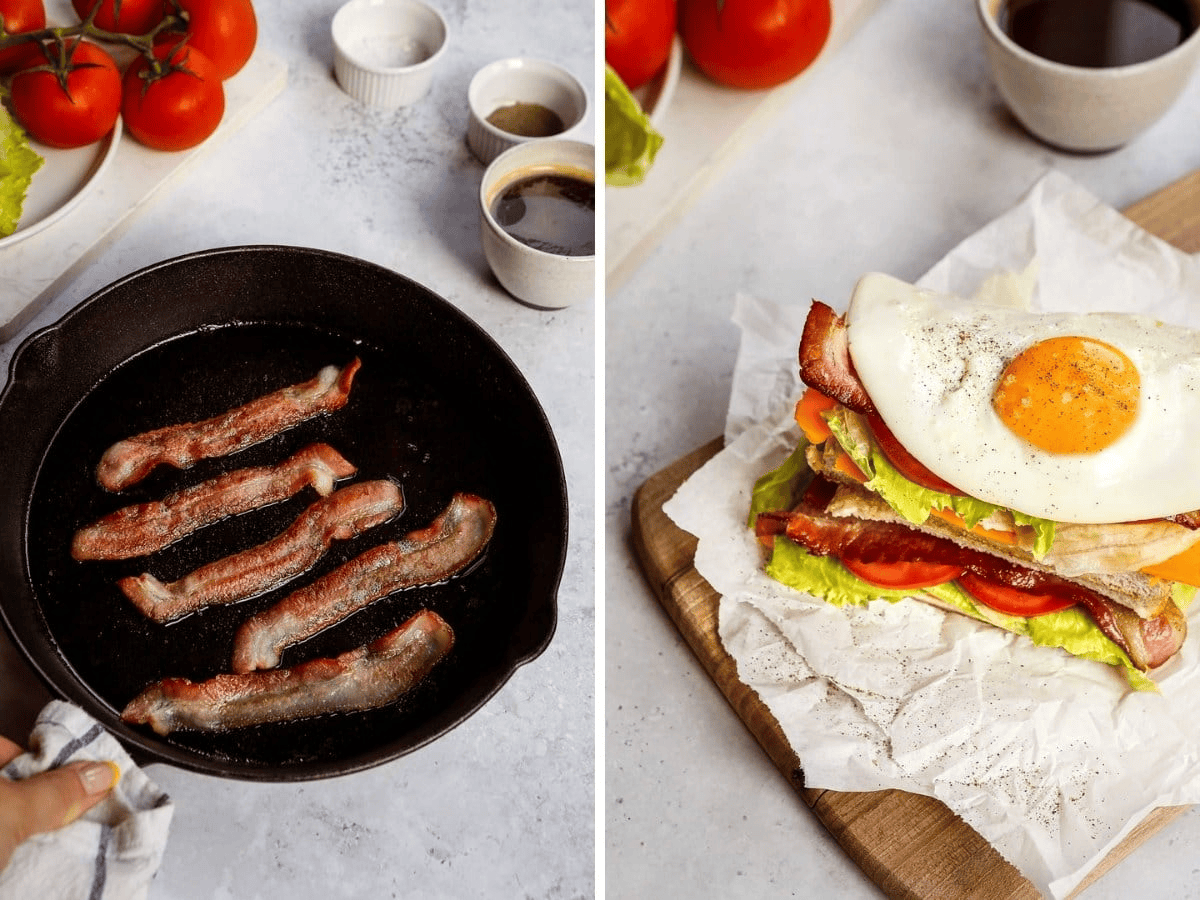 side by side image of cooking bacon and egg sandwich