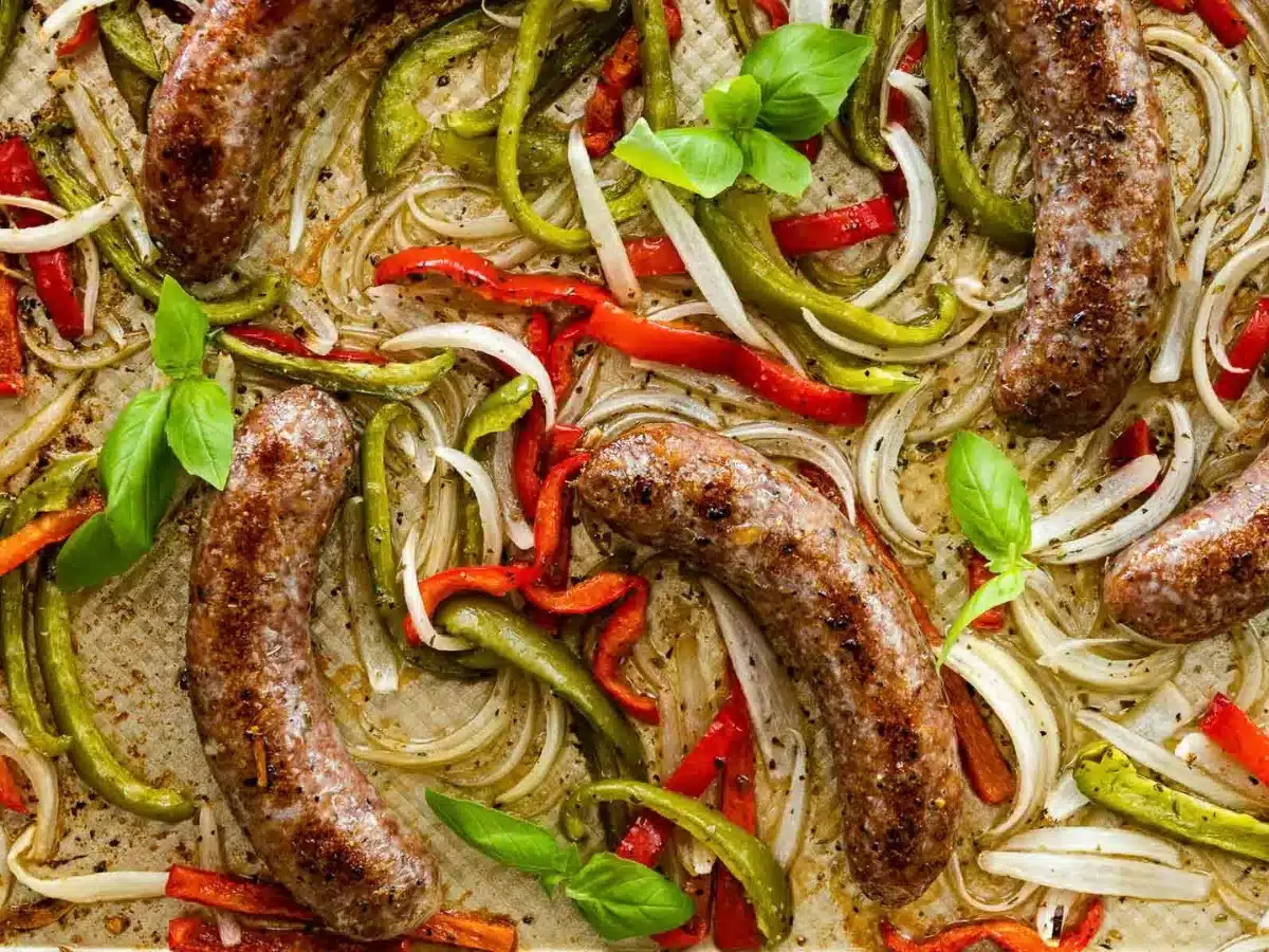 close up of sausages onions and peppers on sheet pan