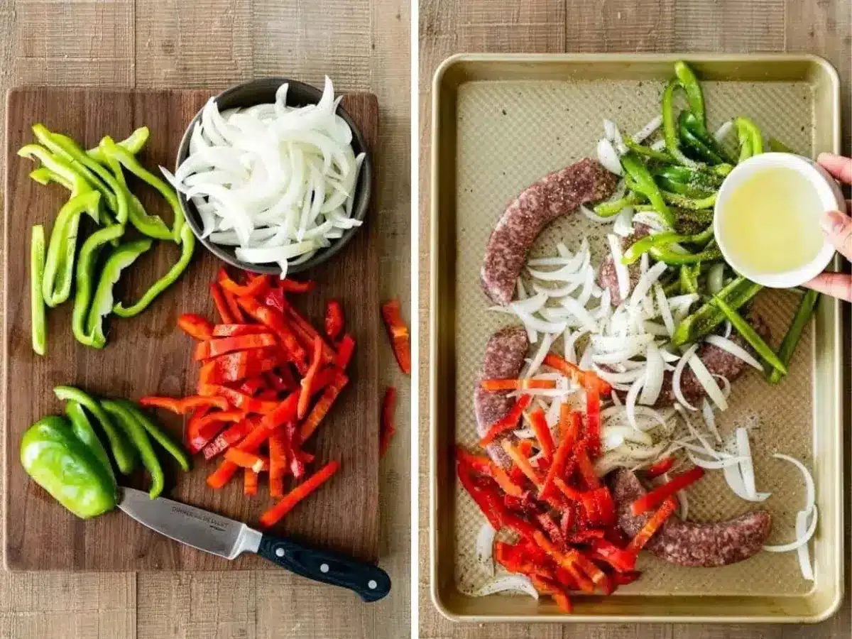 collage of chopped peppers and onions and onions peppers and sausage on sheet pan