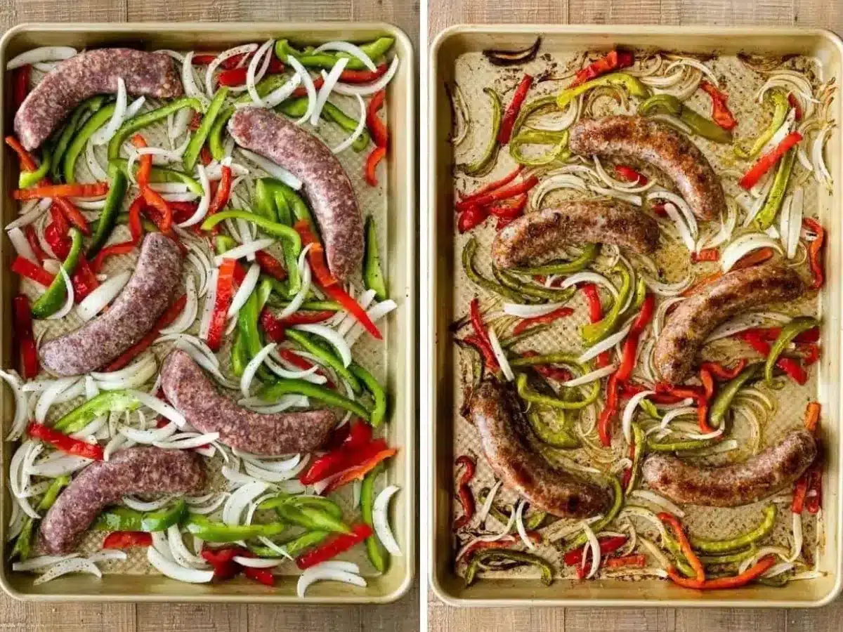 collage of uncooked sausage onions and peppers spread out on sheet pan and then fresh out of the oven