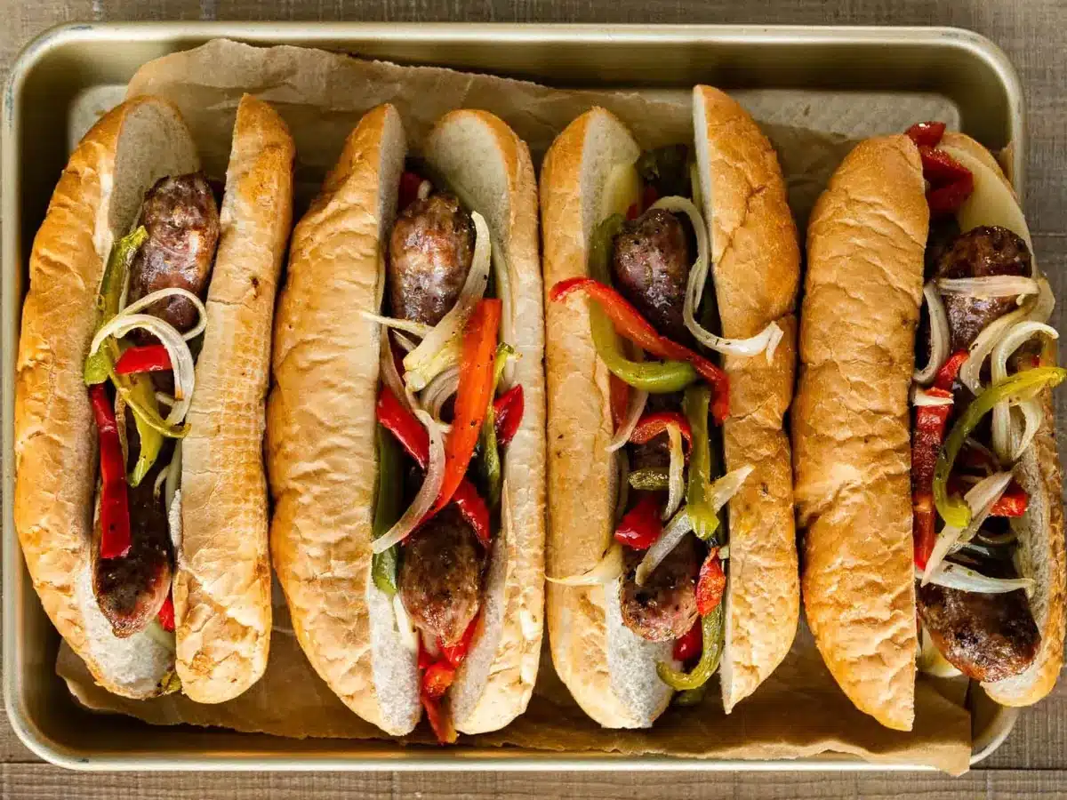 finished product with the sausage and peppers inside the hoagie rolls