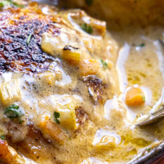 Close up of cooked chicken thigh in sauce.