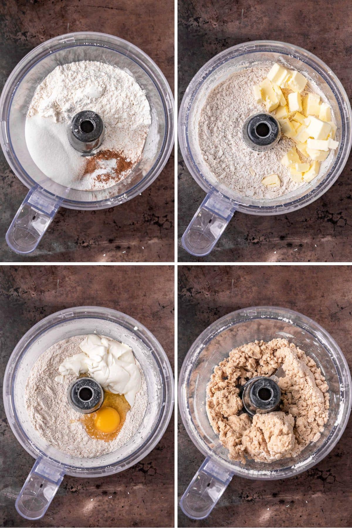 Cinnamon Scones dough ingredients in food processor preparation collage