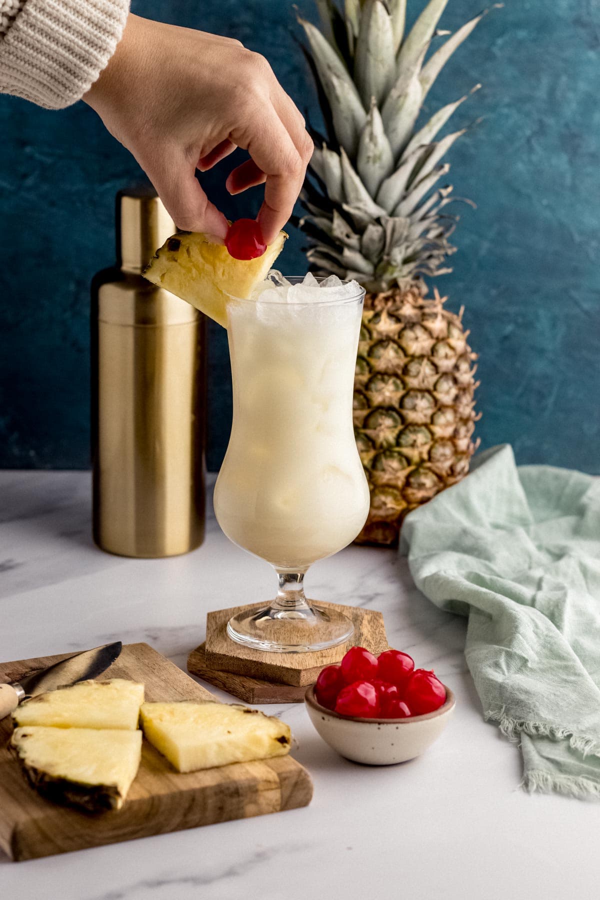 Pina Colada in glass showing garnish