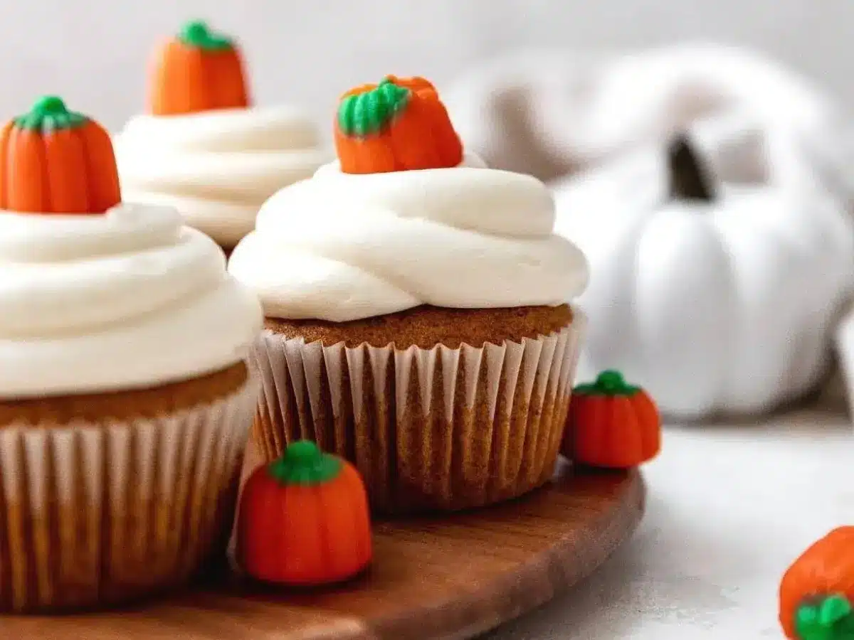 side view of cupcakes on stand