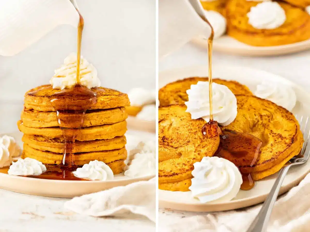 Collage of pancakes stacked with syrup