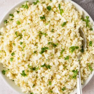 Riced cauliflower in bowl.