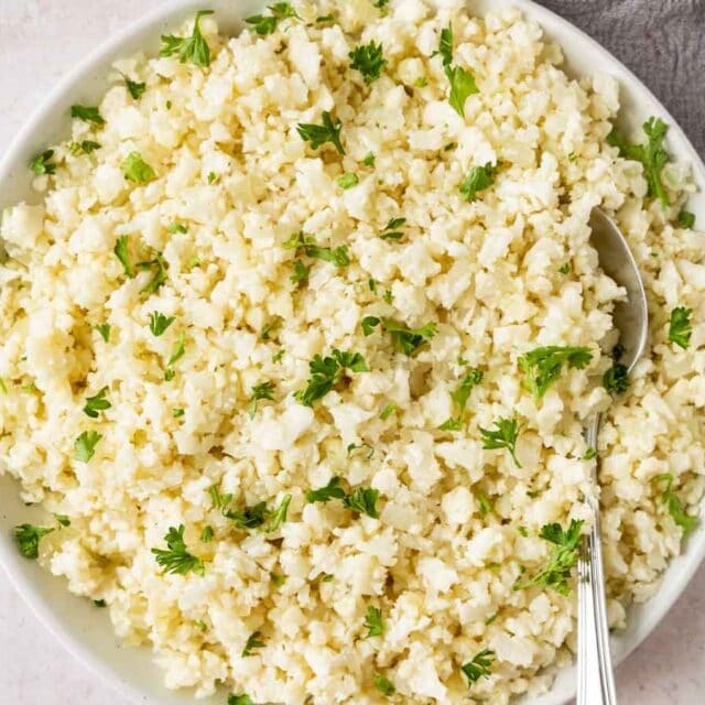 Riced cauliflower in bowl.