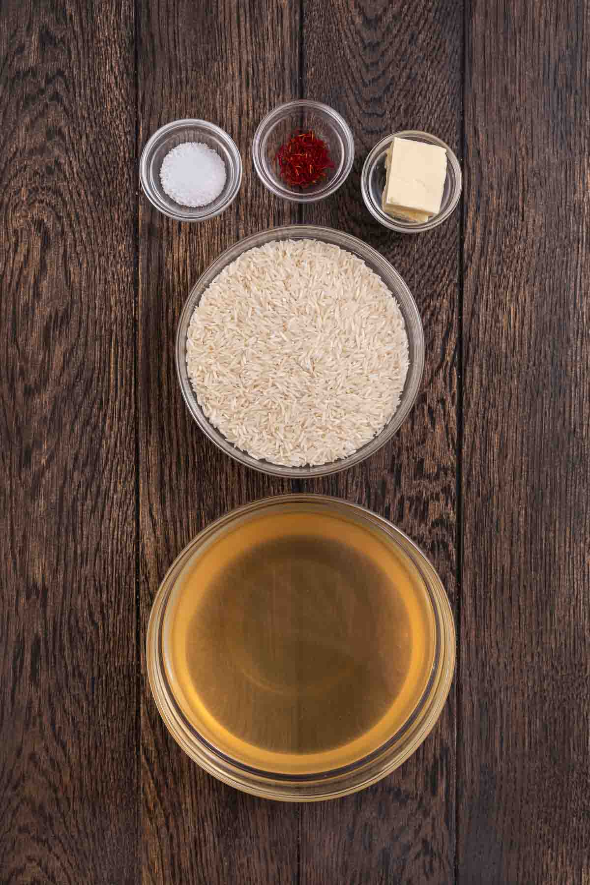 Saffron Rice ingredients laid out in separate bowls
