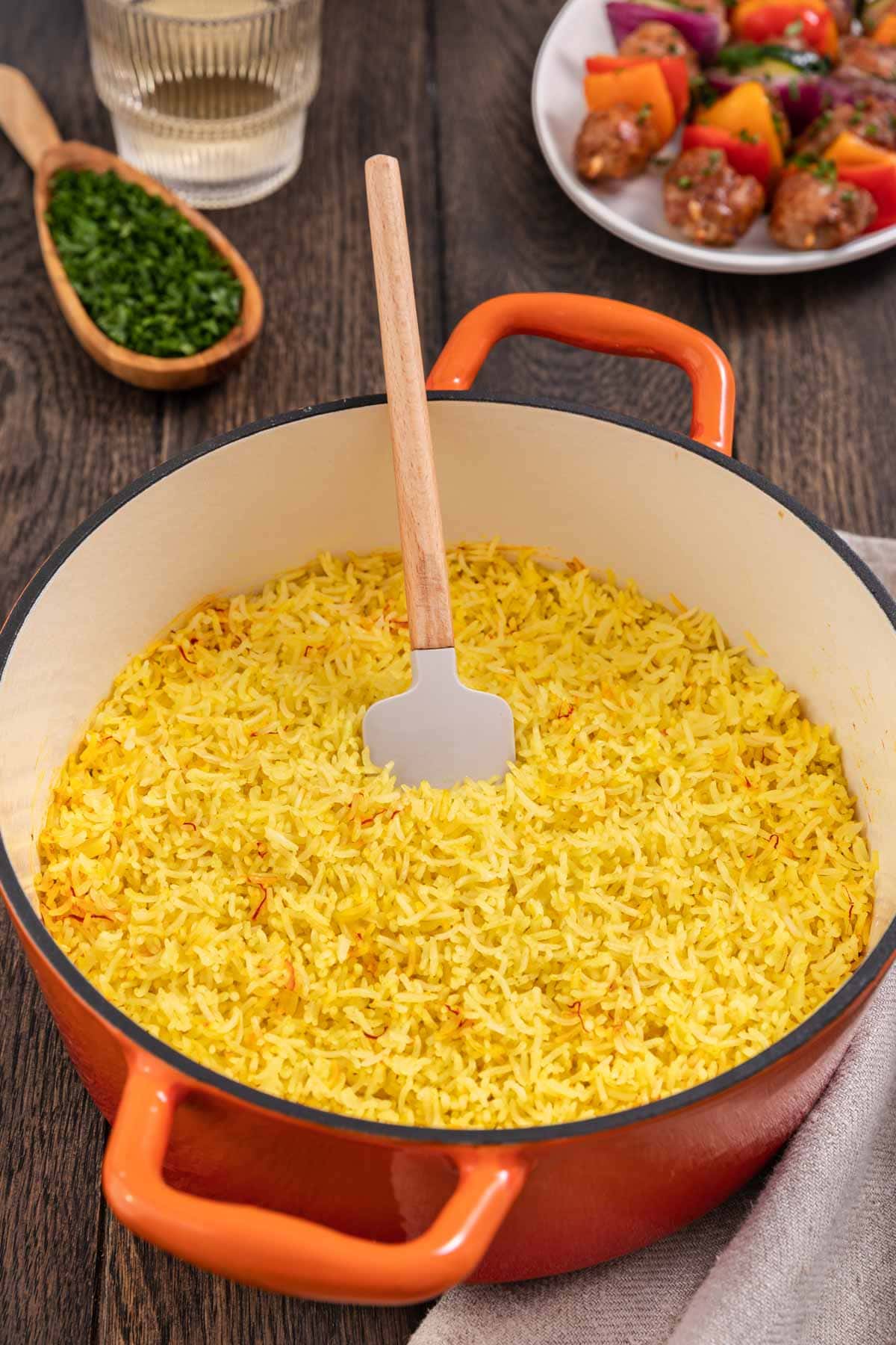 Saffron Rice finished rice in pot with spatula collage