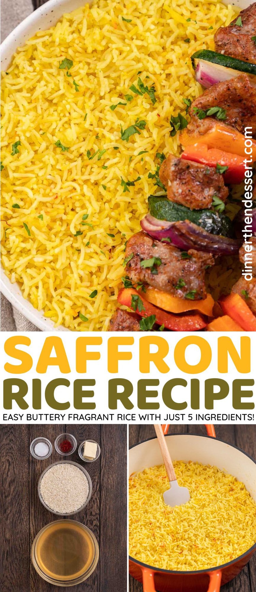 Saffron Rice finished rice with garnish in large bowl with kebabs on top and preparation collage