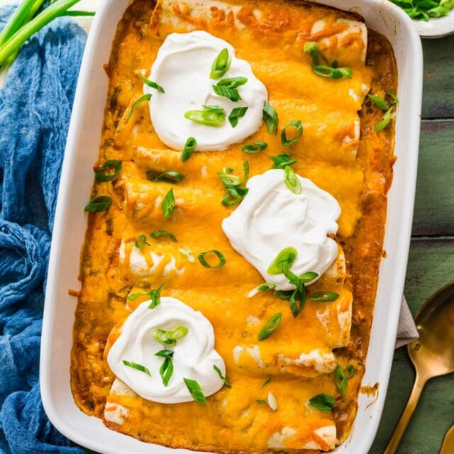 Sour Cream Chicken Enchiladas finished enchiladas in baking dish with sour cream and green onions on top