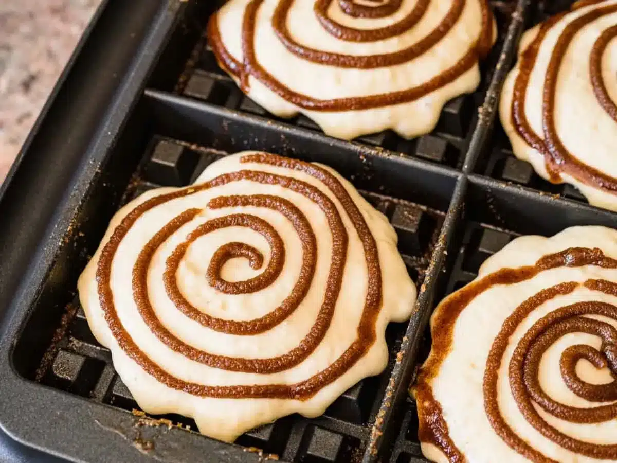 Batter with cinnamon swirl in waffle maker.
