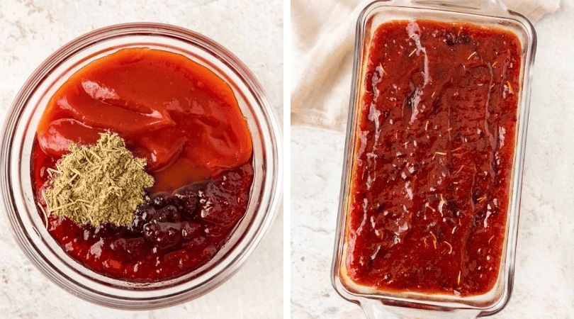 Side by side photos of unmixed sauce ingredients and sauce spread over meat loaf