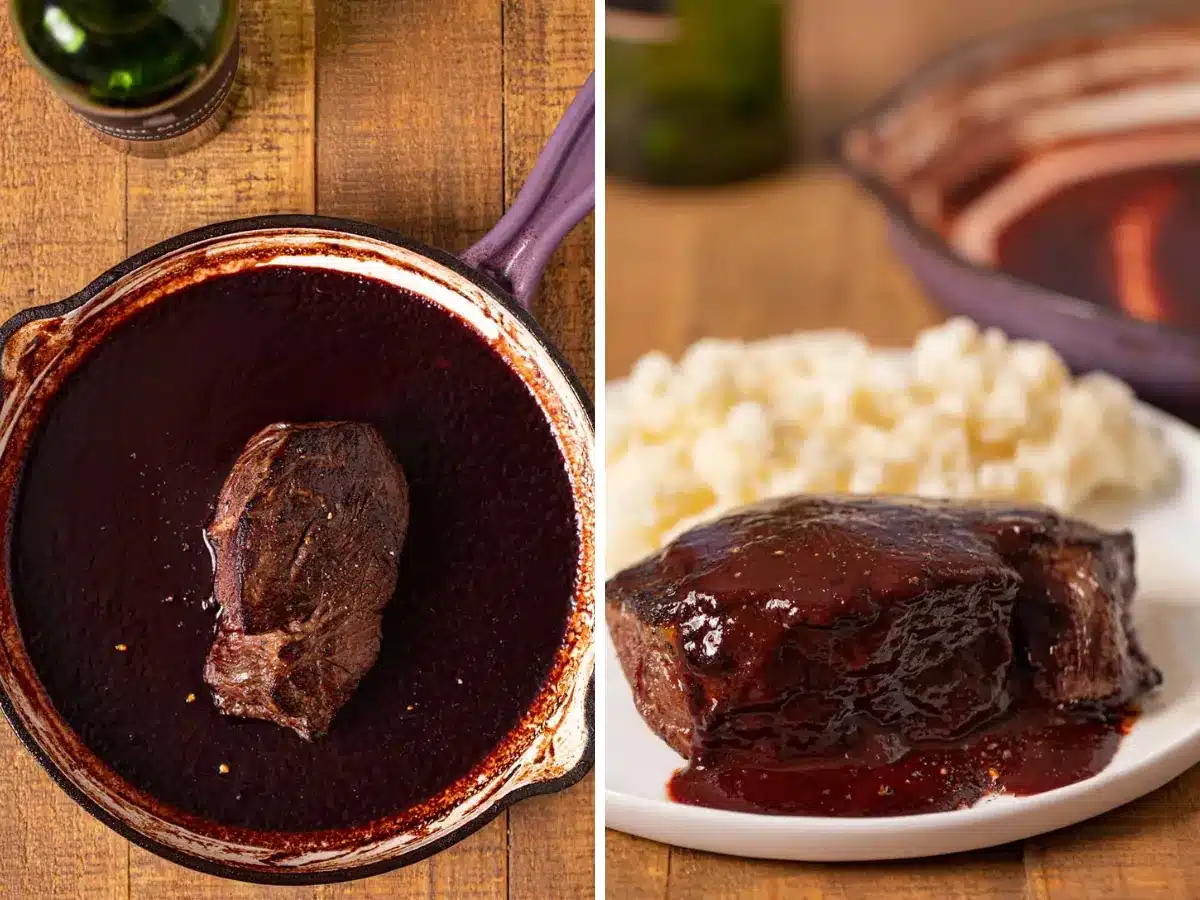 collage of steak in pan and plated 