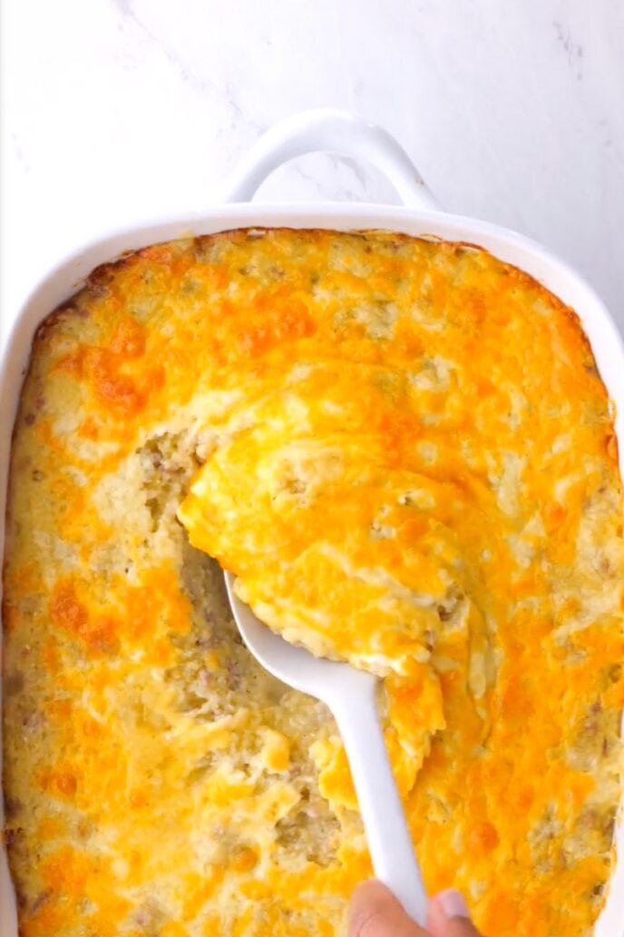 Cheesy Baked Sausage Grits in pan