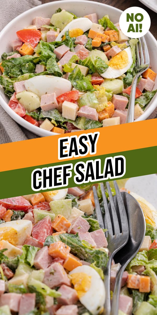 Bowl of creamy green salad with vegetables, cheese, meat, and egg.