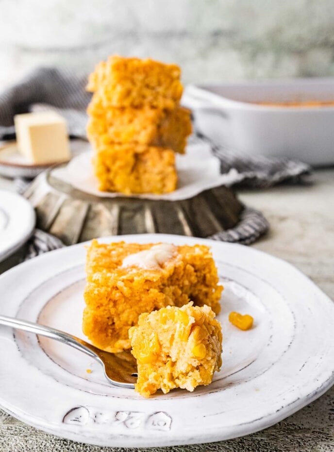 Cornbread Casserole slice on a plate