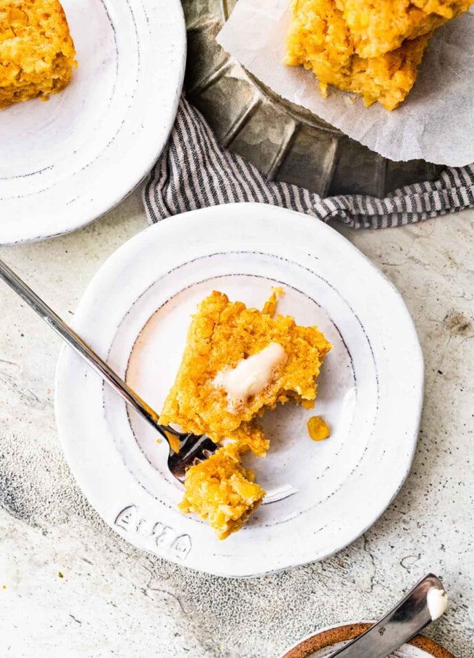 Cornbread Casserole slice on a plate