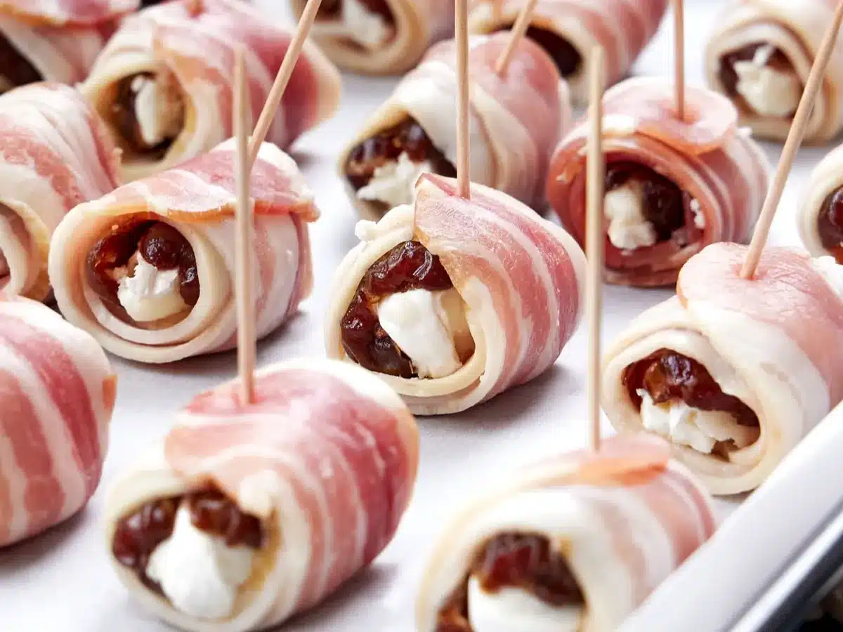 Dates filled with goat cheese, and wrapped in bacon.