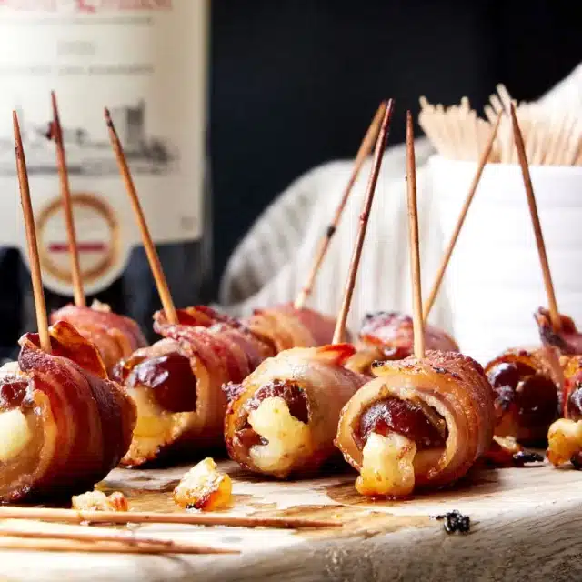 Bite-sized appetizers skewered on a toothpick.