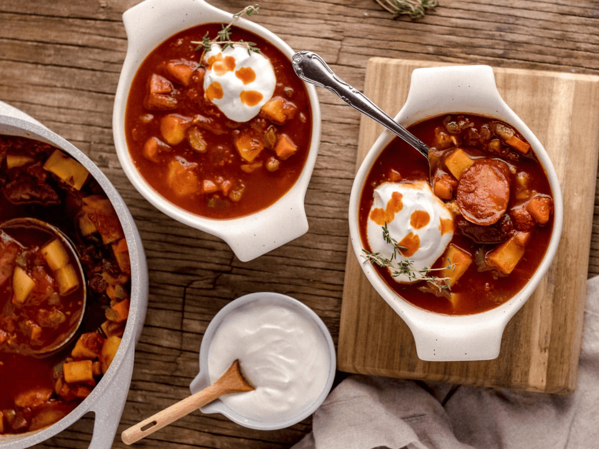 soup bowls on table with sour cream 