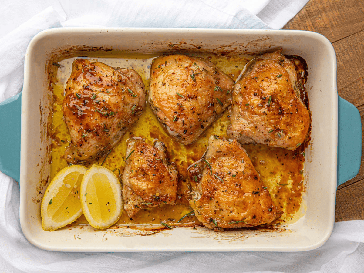 Baked poultry in a baking dish out of the oven