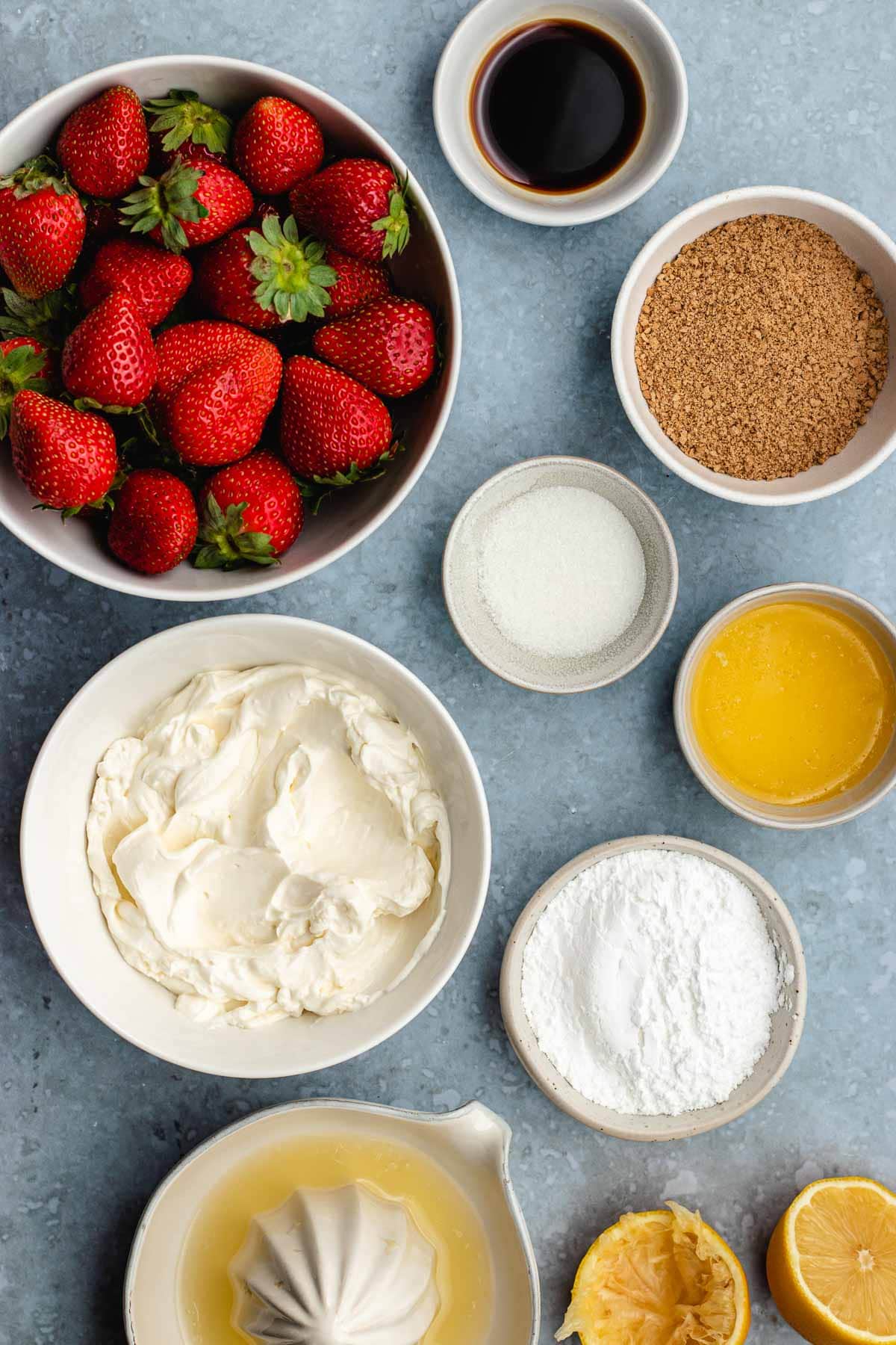 portioned ingredients for Cheesecake Stuffed Strawberries