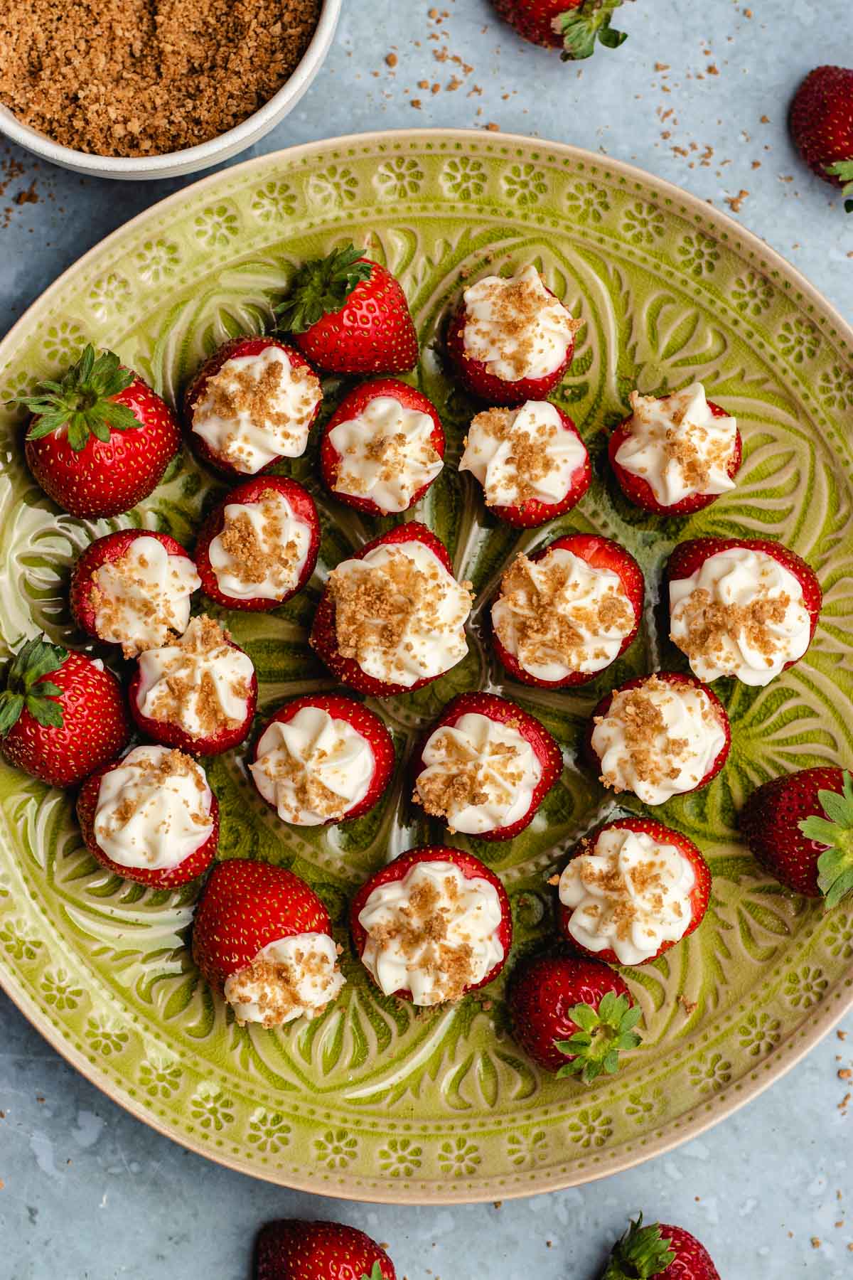 top view of stuffed strawberries on a plate