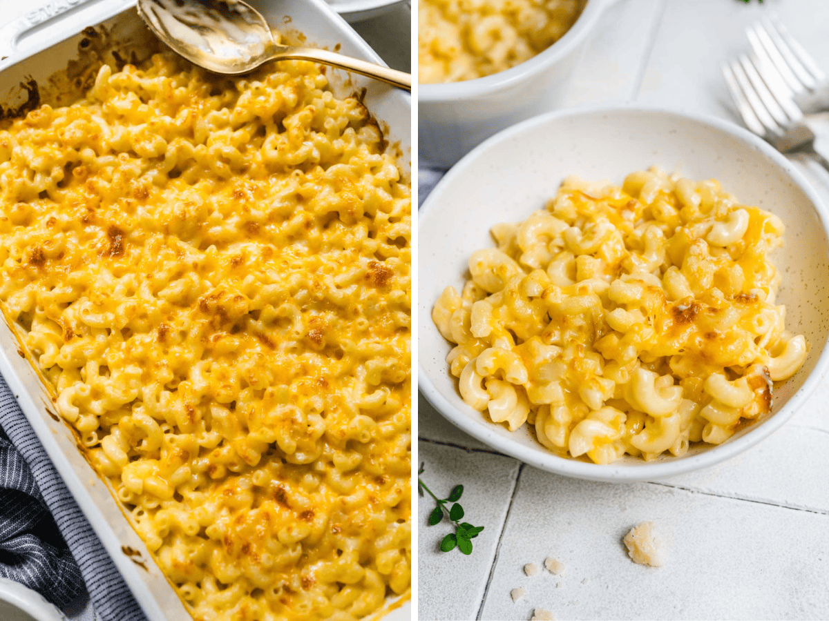collage of Mac out of the oven and in white bowl