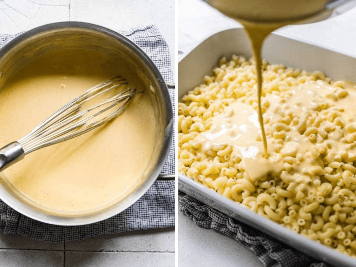 sauce being made and being poured on pasta collage
