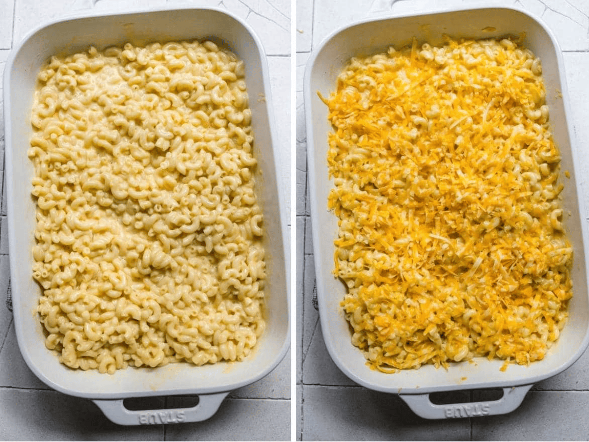 pasta in dish and cheese being added collage