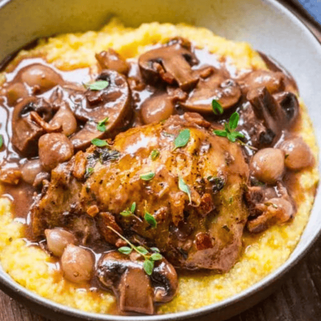 Chicken with mushrooms and onions over mashed potatoes