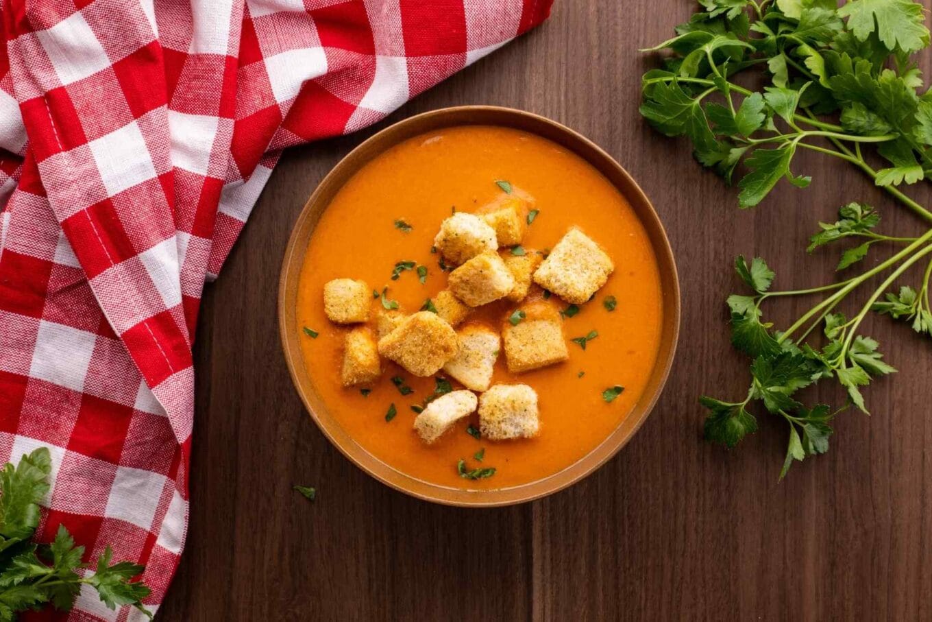Easy Creamy Tomato Soup in bowl with croutons