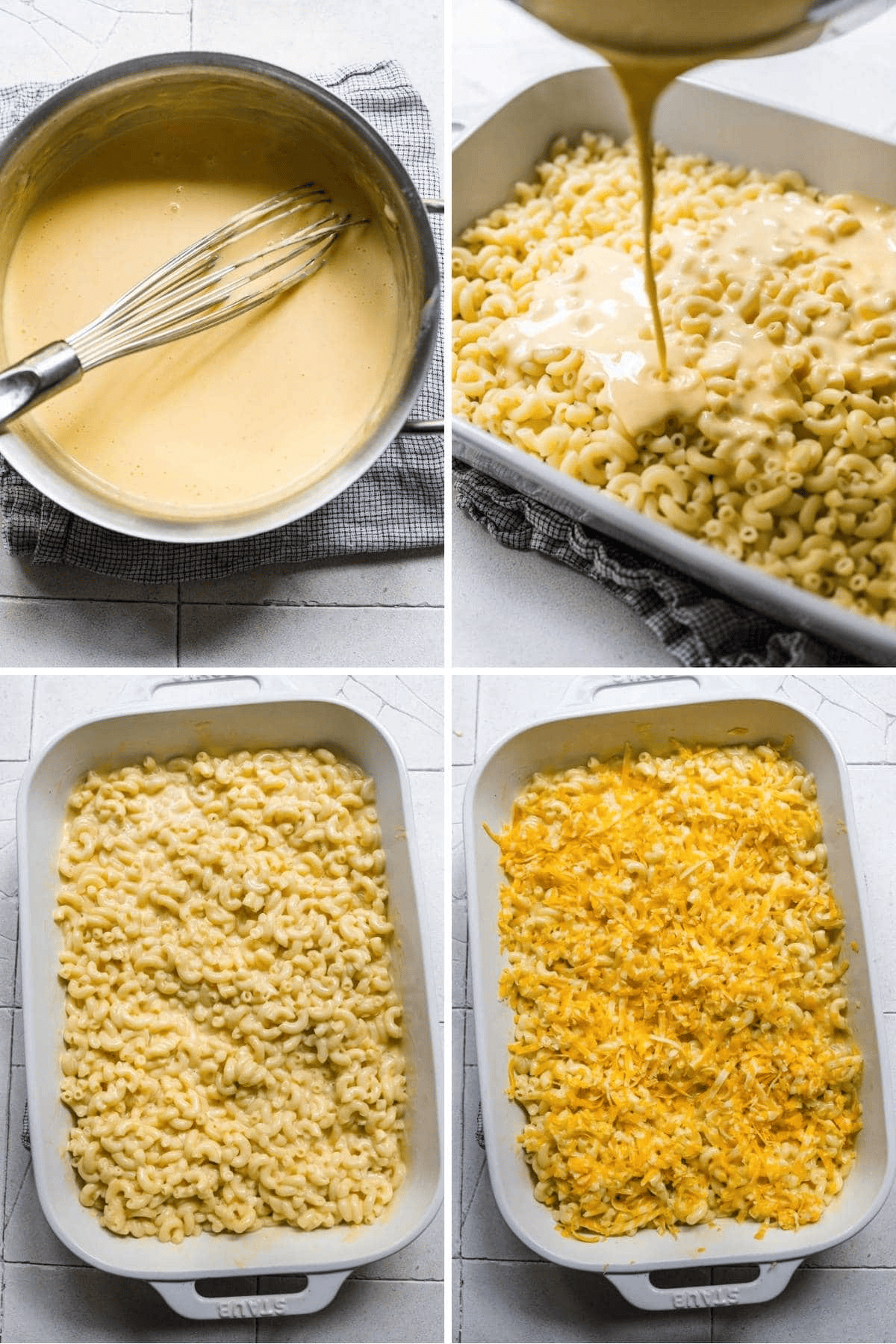 Process collage adding homemade cheese sauce to macaroni