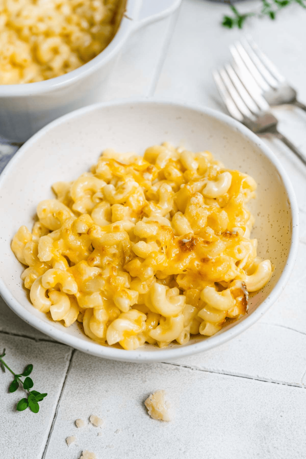 Mac and cheese in white serving bowl