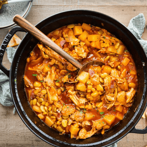 bowl of stew in a cast iron pot