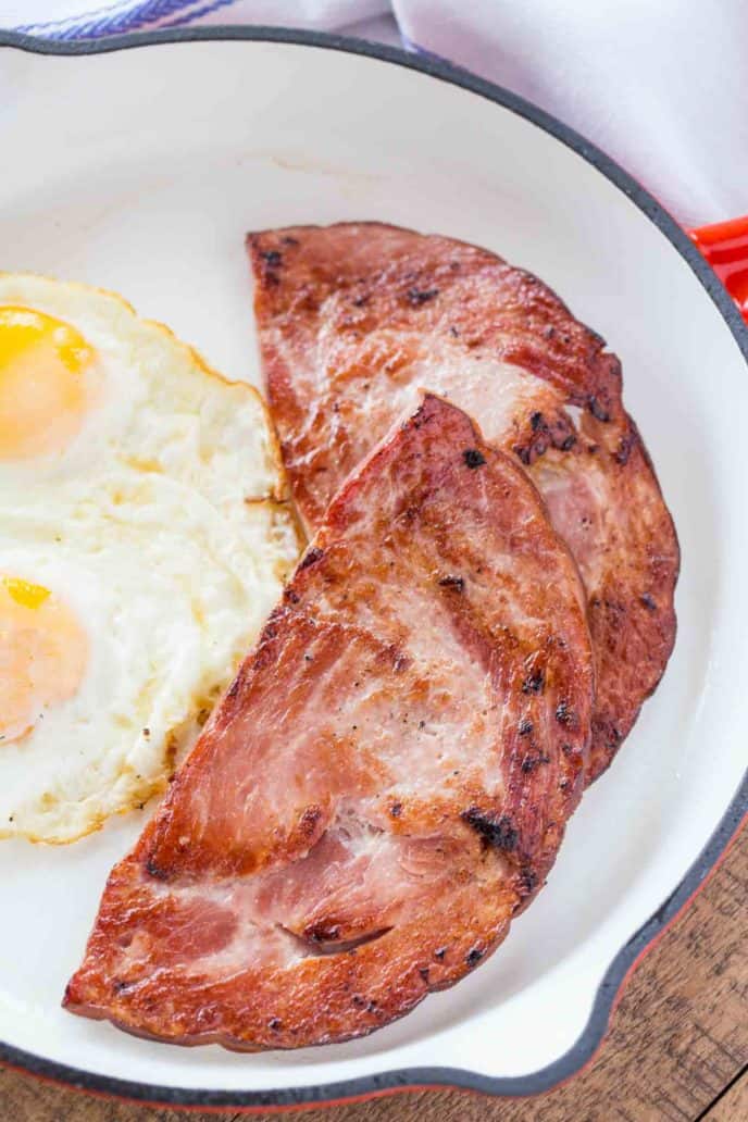 Ham on a plate with eggs