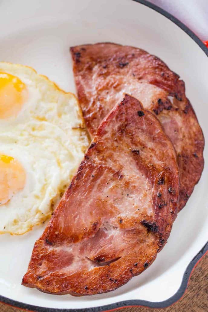 Ham on a plate with fried eggs
