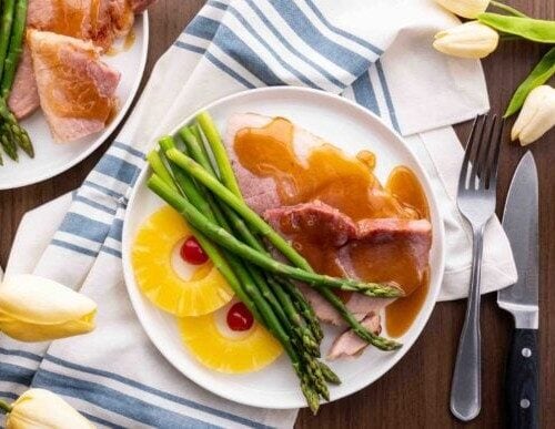 Aerial view of ham on a plate