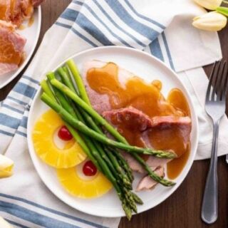 Aerial view of ham on a plate
