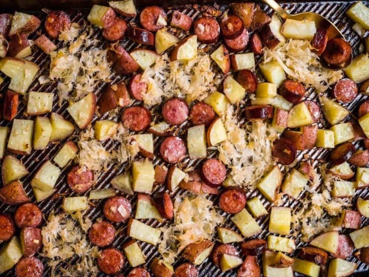 Sheet Pan Sausage and Sauerkraut on baking pan